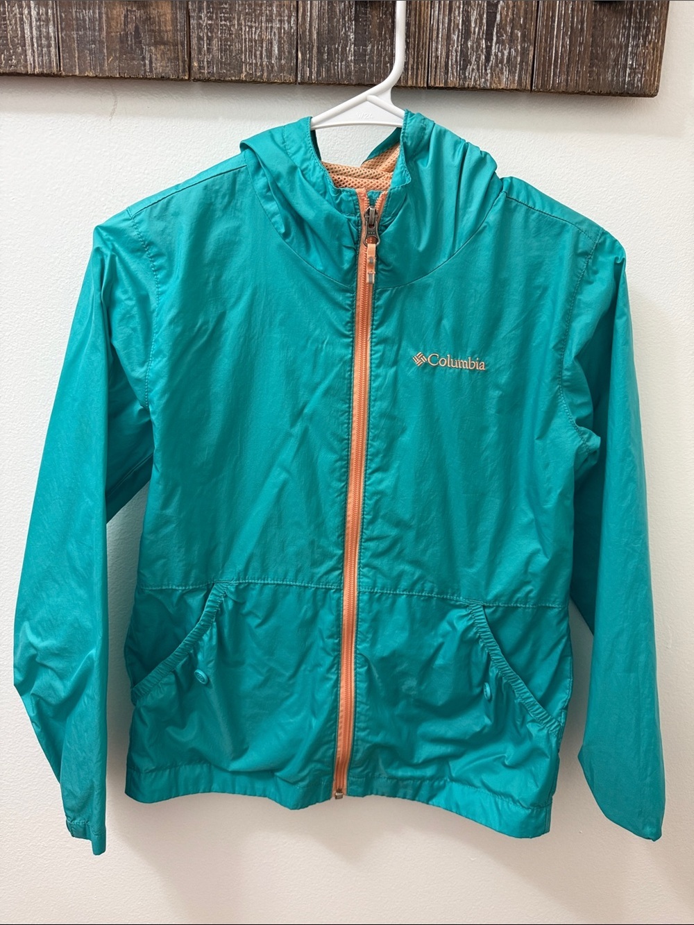 Columbia Teal Hooded Shell Jacket with Coral Zip